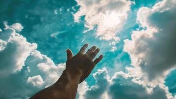 ai generado del hombre mano alcanzando arriba en azul cielo con blanco nubes antecedentes foto