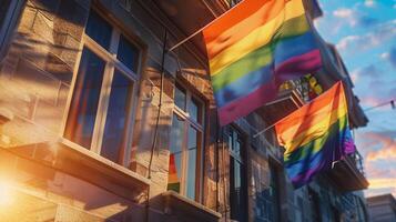 AI generated Rainbow flags waving in the wind in front of a building. photo