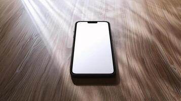 AI generated Mockup smartphone with blank screen on wooden table photo