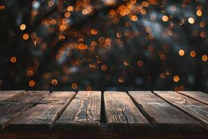 AI generated Wooden table in front of blurred background with bokeh effect photo