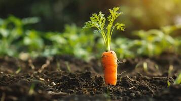 AI generated Fresh organic carrots growing in the soil. Vegetable garden concept. photo