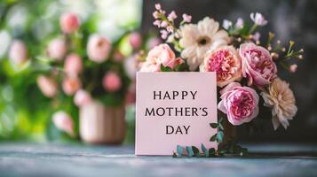 AI generated Happy Mother's Day greeting card and bouquet of pink roses photo