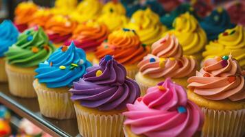 AI generated Colorful cupcakes with buttercream frosting on colorful background. photo