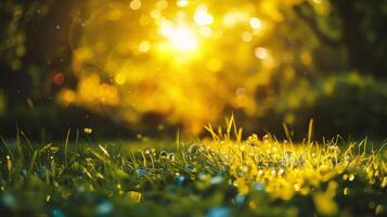 AI generated Green grass with dew drops in the sunlight. Natural background. photo