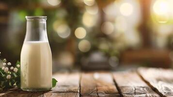 AI generated Bottle of tasty milk on wooden table photo