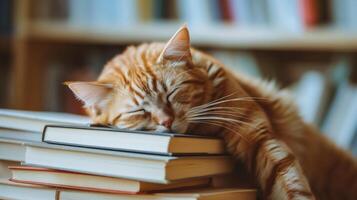 ai generado linda gato duerme en un apilar de libros. el gato es acostado en el libros foto