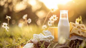 AI generated Milk in bottle and cheese on green grass in sunny day photo