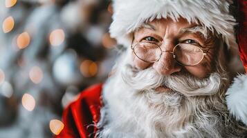 ai generado retrato de Papa Noel claus con lentes en contra desenfocado luces en antecedentes foto