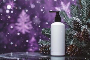 AI generated cosmetic bottle with christmas decoration on bokeh background - beauty treatment photo