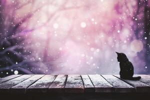 AI generated Black cat sitting on wooden table in front of snowflakes background photo