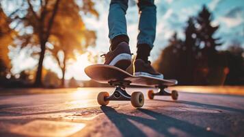 AI generated Skateboarder skateboarding on a skatepark at sunset photo