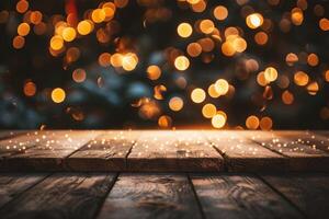 AI generated Wooden table in front of blurred background with bokeh effect photo