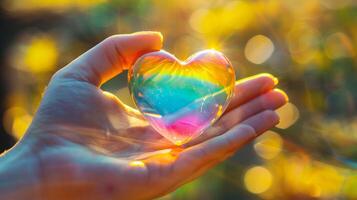 AI generated Woman's hand holding a rainbow heart in the rays of the setting sun photo