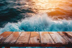 ai generado de madera mesa en frente de mar y puesta de sol - lata ser usado para monitor o montaje tu productos foto