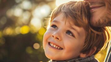 ai generado retrato de un sonriente pequeño chico con su padre en el parque foto