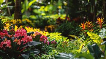 ai generado hermosa tropical jardín con floreciente flores y palma arboles foto