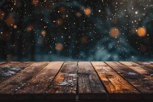 AI generated Wooden table in front of blurred background with bokeh effect photo