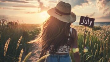 AI generated Rear view of young woman in straw hat standing in wheat field photo