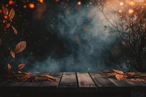 AI generated Wooden table and autumn leaves on a background of foggy forest photo