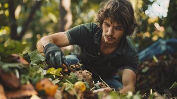 AI generated Handsome young man working in the garden photo