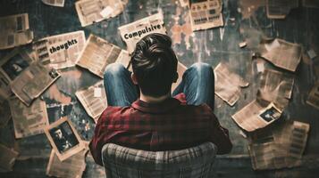 AI generated Young man sitting on a chair reading text compulsive thoughts on grunge wall background photo