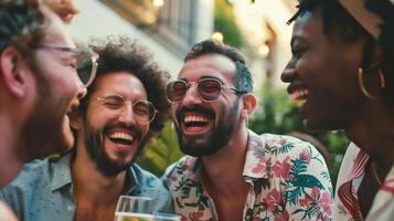 AI generated Group of friends having fun together at a rooftop party - Multiethnic group of young people bonding outdoors photo