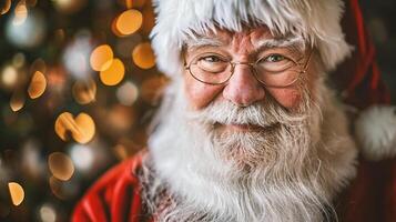 ai generado retrato de Papa Noel claus con lentes en contra desenfocado luces en antecedentes foto