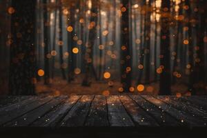 AI generated Wooden table in front of blurred background with bokeh effect photo