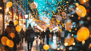 AI generated people walking in the city at night with bokeh lights photo