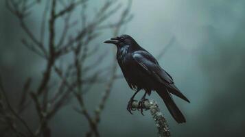 AI generated Black crow on a branch in a foggy forest, close-up photo