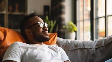 AI generated happy african american man in eyeglasses relaxing on sofa at home photo