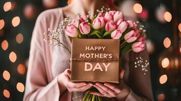 AI generated Female hands hold a gift box with a bouquet of pink tulips. Mother's Day. photo