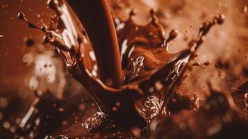 ai generado cerca arriba ver de chocolate chapoteo en marrón antecedentes foto