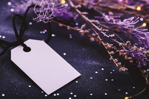 AI generated Blank tag on black background with bokeh lights and flowers photo