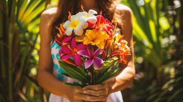 ai generado retrato de hermosa joven mujer participación ramo de flores de flores en tropical jardín foto
