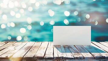 AI generated Blank business card on wooden table with sea and bokeh background photo