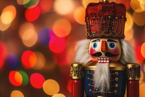 ai generado Navidad cascanueces muñeca con vistoso bokeh luces antecedentes foto