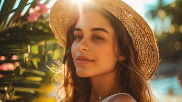 ai generado retrato de un hermosa joven mujer en un Paja sombrero en el playa foto