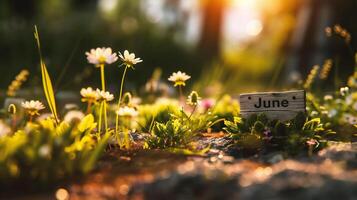 ai generado de madera firmar con el palabra junio en el medio de un campo de margaritas foto