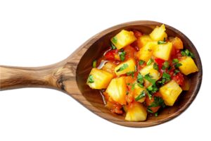 AI generated Fresh Pineapple Salsa in Wooden Spoon png