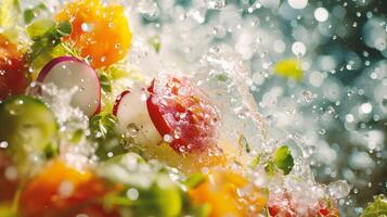 AI generated Fresh vegetable salad with water splash on dark background. Healthy food concept photo