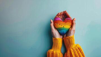 AI generated Female hands in a knitted sweater holding a heart on a blue background photo