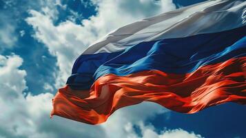 AI generated Russian flag waving in the wind against a blue sky with white clouds photo