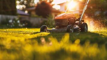 AI generated Lawn mower on green grass in the garden. Gardening concept. photo