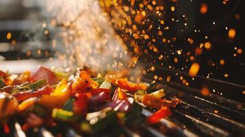 AI generated Closeup of grilled vegetables being cooked on barbecue grill with sparks and flames photo