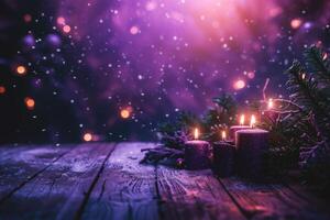 AI generated Christmas and New Year background with candles and fir branches on wooden table photo