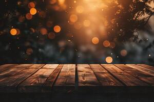 AI generated Wooden table in front of blurred background with bokeh effect photo