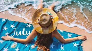 AI generated top view of happy young woman in straw hat lying on beach and looking at july lettering photo