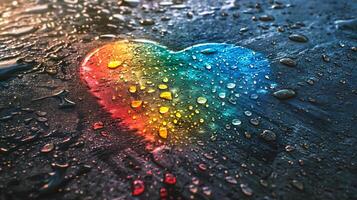 AI generated Rainbow heart on wet asphalt background with water drops. Valentines day concept photo