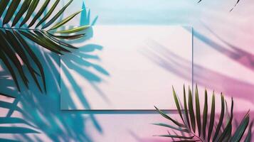 AI generated Tropical palm leaves on pastel blue and pink background. Minimal summer concept. photo
